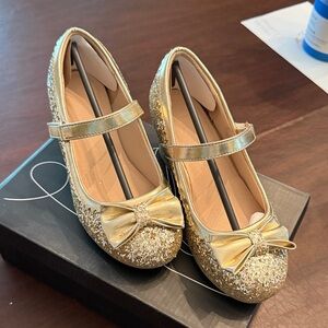 Girls Gold Glitter Bow Mary Jane Shoes sz 1